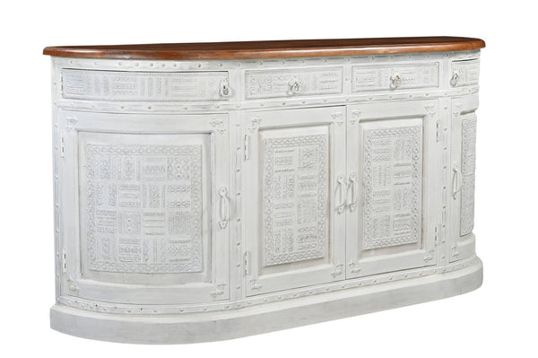 HomeRoots 69" Rustic Solid Wood Sideboard with Geometric Carvings, Ample Storage, and Vintage Two-Tone Finish 634324