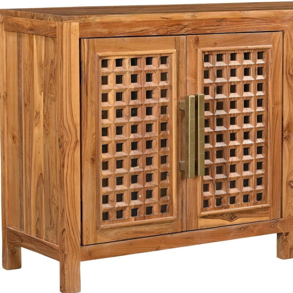 HomeRoots 71" Brown Solid Teak Carved Geometric Sideboard - Stylish Storage & Mid-Century Modern Design 634325