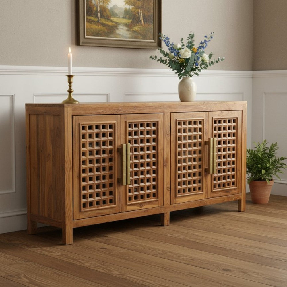 HomeRoots 71" Brown Solid Teak Carved Geometric Sideboard - Stylish Storage & Mid-Century Modern Design 634325