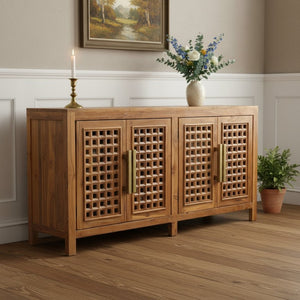 HomeRoots 71" Brown Solid Teak Carved Geometric Sideboard - Stylish Storage & Mid-Century Modern Design 634325