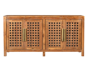 HomeRoots 71" Brown Solid Teak Carved Geometric Sideboard - Stylish Storage & Mid-Century Modern Design 634325