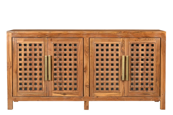 HomeRoots 71" Brown Solid Teak Carved Geometric Sideboard - Stylish Storage & Mid-Century Modern Design 634325