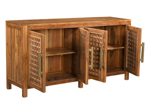 HomeRoots 71" Brown Solid Teak Carved Geometric Sideboard - Stylish Storage & Mid-Century Modern Design 634325