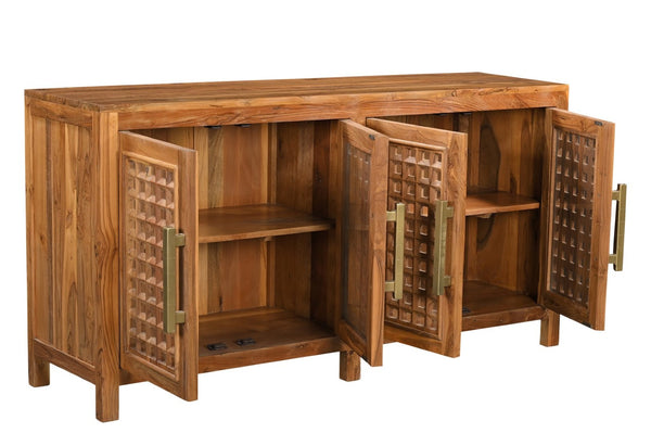 HomeRoots 71" Brown Solid Teak Carved Geometric Sideboard - Stylish Storage & Mid-Century Modern Design 634325