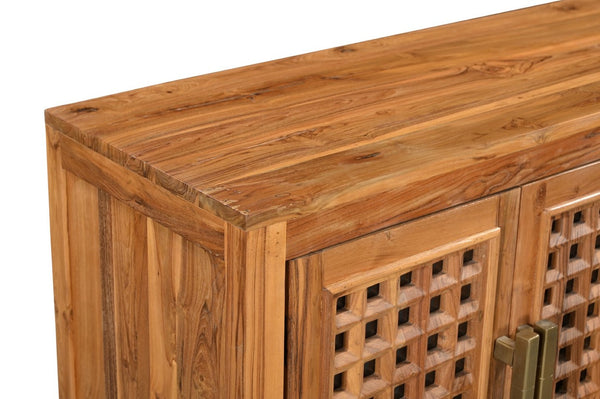 HomeRoots 71" Brown Solid Teak Carved Geometric Sideboard - Stylish Storage & Mid-Century Modern Design 634325