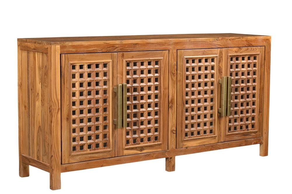 HomeRoots 71" Brown Solid Teak Carved Geometric Sideboard - Stylish Storage & Mid-Century Modern Design 634325