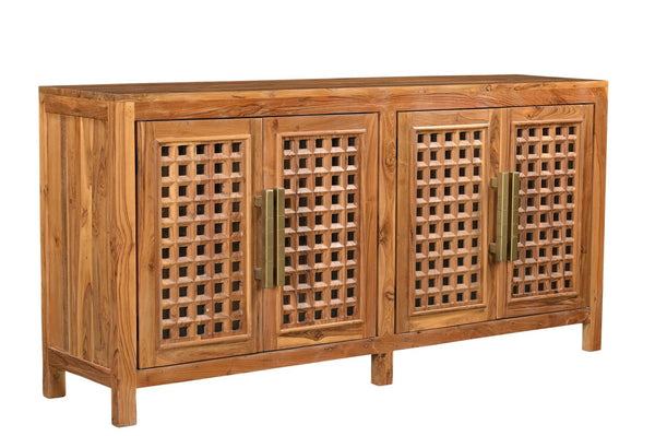 HomeRoots 71" Brown Solid Teak Carved Geometric Sideboard - Stylish Storage & Mid-Century Modern Design 634325