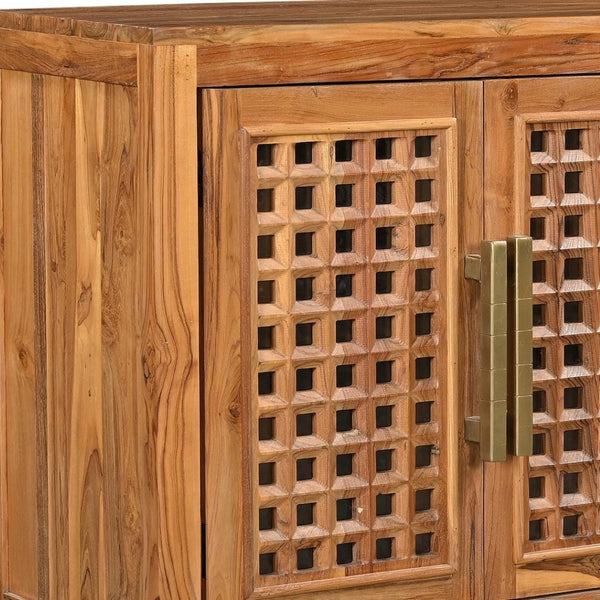 HomeRoots 71" Brown Solid Teak Carved Geometric Sideboard - Stylish Storage & Mid-Century Modern Design 634325