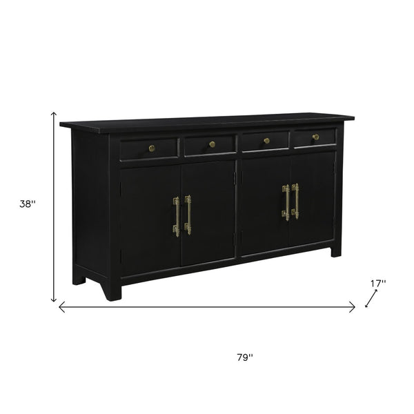 HomeRoots 79" Black Mango Wood Sideboard - Elegant Four Drawer Storage with Doors for Modern Spaces 634326