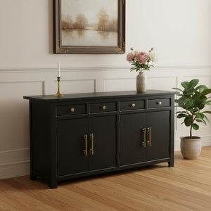 HomeRoots 79" Black Mango Wood Sideboard - Elegant Four Drawer Storage with Doors for Modern Spaces 634326