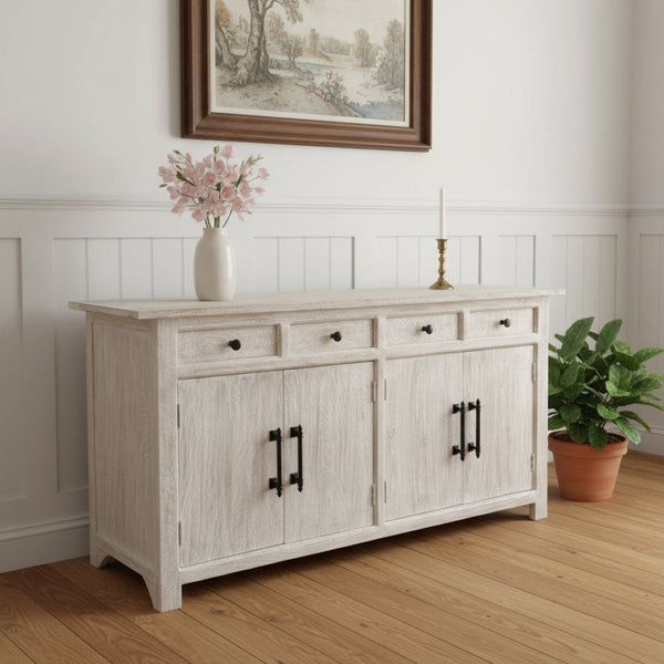 HomeRoots 79" White Distressed Solid Wood Sideboard - Chic Four Drawer Storage with Paneled Design & Doors 634327