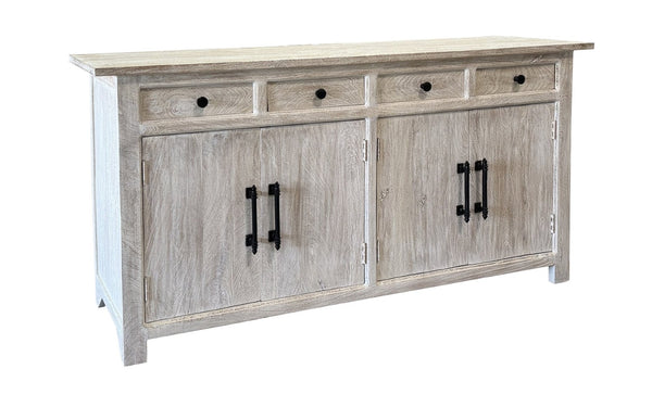 HomeRoots 79" White Distressed Solid Wood Sideboard - Chic Four Drawer Storage with Paneled Design & Doors 634327