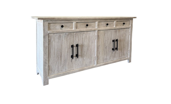 HomeRoots 79" White Distressed Solid Wood Sideboard - Chic Four Drawer Storage with Paneled Design & Doors 634327