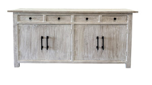 HomeRoots 79" White Distressed Solid Wood Sideboard - Chic Four Drawer Storage with Paneled Design & Doors 634327