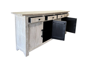 HomeRoots 79" White Distressed Solid Wood Sideboard - Chic Four Drawer Storage with Paneled Design & Doors 634327