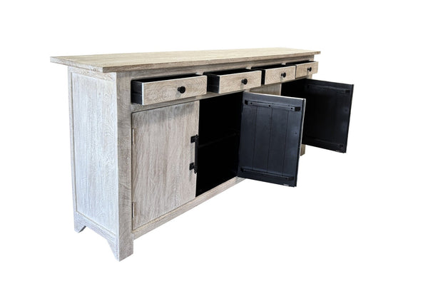 HomeRoots 79" White Distressed Solid Wood Sideboard - Chic Four Drawer Storage with Paneled Design & Doors 634327