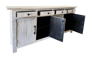 HomeRoots 79" White Distressed Solid Wood Sideboard - Chic Four Drawer Storage with Paneled Design & Doors 634327