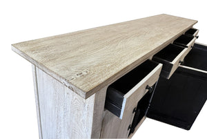 HomeRoots 79" White Distressed Solid Wood Sideboard - Chic Four Drawer Storage with Paneled Design & Doors 634327