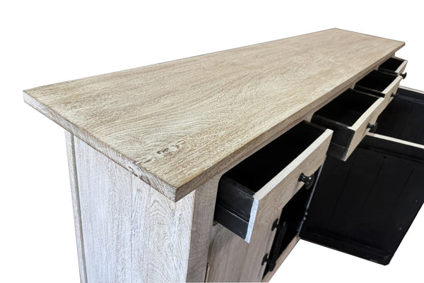 HomeRoots 79" White Distressed Solid Wood Sideboard - Chic Four Drawer Storage with Paneled Design & Doors 634327