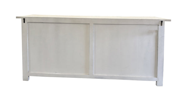 HomeRoots 79" White Distressed Solid Wood Sideboard - Chic Four Drawer Storage with Paneled Design & Doors 634327