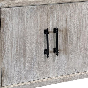 HomeRoots 79" White Distressed Solid Wood Sideboard - Chic Four Drawer Storage with Paneled Design & Doors 634327