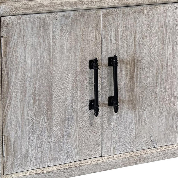HomeRoots 79" White Distressed Solid Wood Sideboard - Chic Four Drawer Storage with Paneled Design & Doors 634327