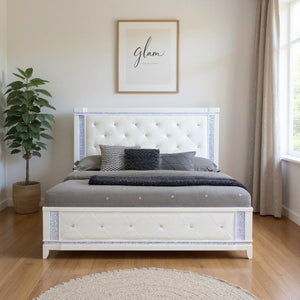 HomeRoots White Tufted King Bed Frame with Faux Crystal Accents & Built-in Lighting for Elegant Bedrooms 634329