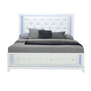 HomeRoots White Tufted King Bed Frame with Faux Crystal Accents & Built-in Lighting for Elegant Bedrooms 634329