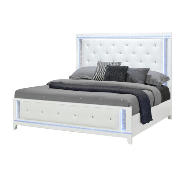 HomeRoots White Tufted King Bed Frame with Faux Crystal Accents & Built-in Lighting for Elegant Bedrooms 634329