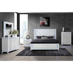 HomeRoots White Tufted King Bed Frame with Faux Crystal Accents & Built-in Lighting for Elegant Bedrooms 634329