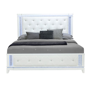 HomeRoots White Tufted King Bed Frame with Faux Crystal Accents & Built-in Lighting for Elegant Bedrooms 634329
