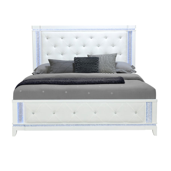 HomeRoots White Tufted King Bed Frame with Faux Crystal Accents & Built-in Lighting for Elegant Bedrooms 634329