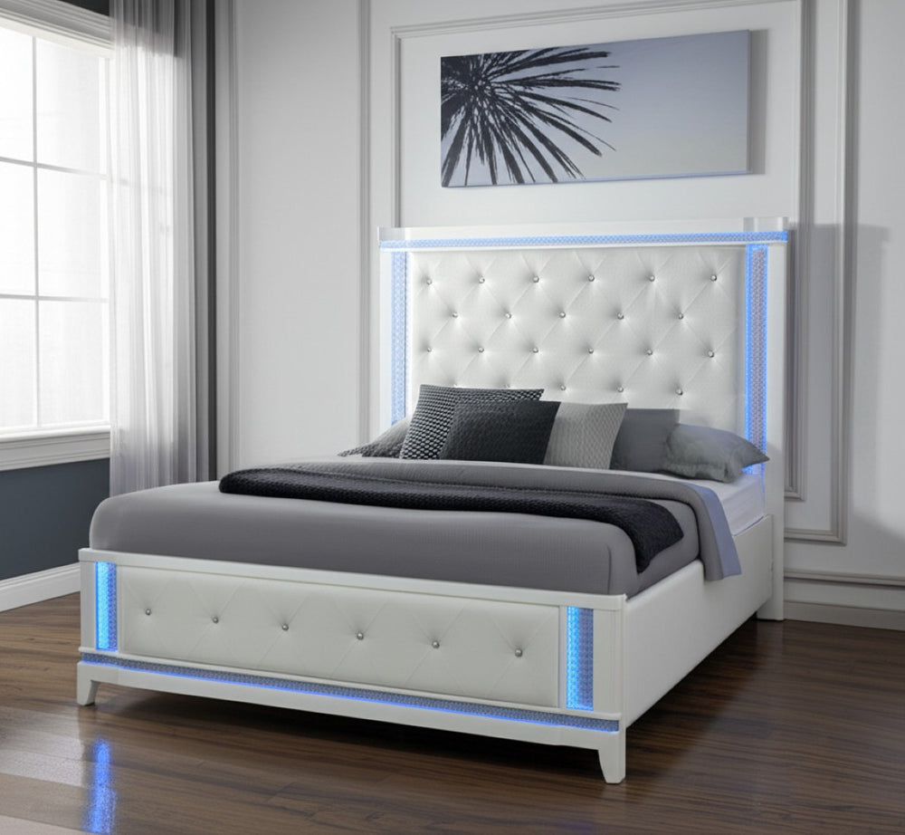 HomeRoots White Glamorous Faux Crystal Queen Bed Frame with Tufted Cotton Headboard & Integrated Lighting 634330
