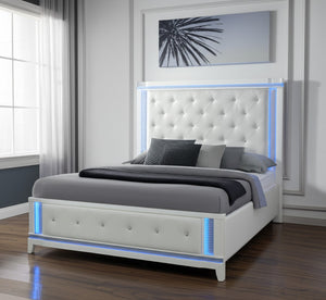 HomeRoots White Glamorous Faux Crystal Queen Bed Frame with Tufted Cotton Headboard & Integrated Lighting 634330
