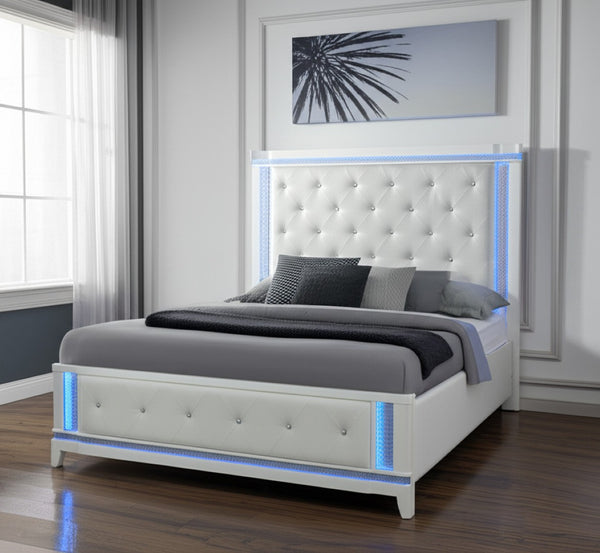 HomeRoots White Glamorous Faux Crystal Queen Bed Frame with Tufted Cotton Headboard & Integrated Lighting 634330