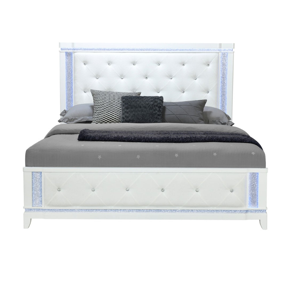 HomeRoots White Glamorous Faux Crystal Queen Bed Frame with Tufted Cotton Headboard & Integrated Lighting 634330