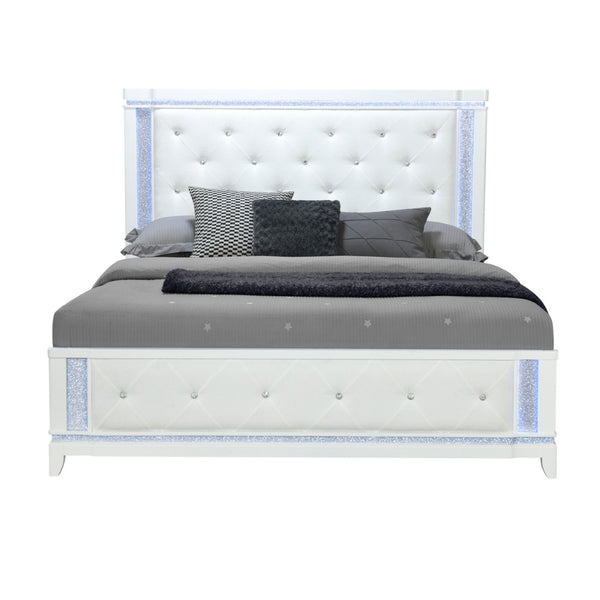 HomeRoots White Glamorous Faux Crystal Queen Bed Frame with Tufted Cotton Headboard & Integrated Lighting 634330
