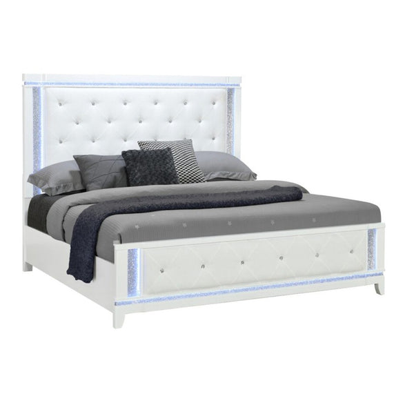 HomeRoots White Glamorous Faux Crystal Queen Bed Frame with Tufted Cotton Headboard & Integrated Lighting 634330