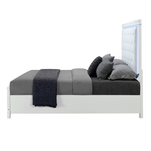 HomeRoots White Glamorous Faux Crystal Queen Bed Frame with Tufted Cotton Headboard & Integrated Lighting 634330