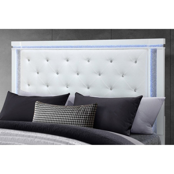 HomeRoots White Glamorous Faux Crystal Queen Bed Frame with Tufted Cotton Headboard & Integrated Lighting 634330