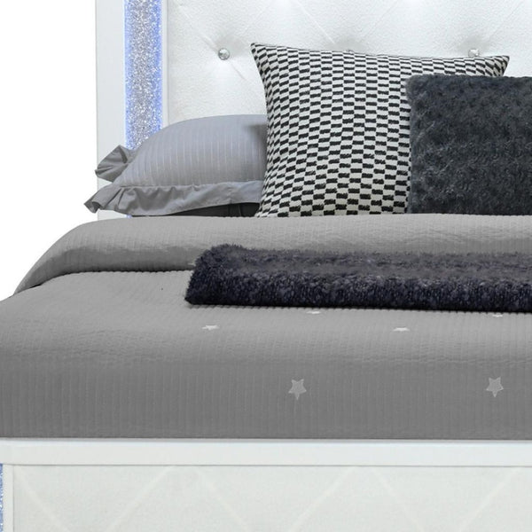 HomeRoots White Glamorous Faux Crystal Queen Bed Frame with Tufted Cotton Headboard & Integrated Lighting 634330