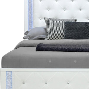 HomeRoots White Glamorous Faux Crystal Queen Bed Frame with Tufted Cotton Headboard & Integrated Lighting 634330