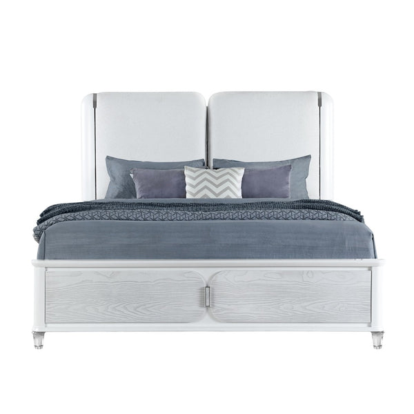 HomeRoots Gray Lighted Queen Bed Frame with White Upholstery - Modern Design, Durable Comfort & Ambient Glow 634338