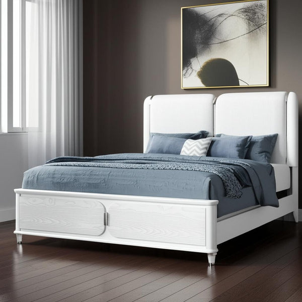 HomeRoots Gray Lighted Queen Bed Frame with White Upholstery - Modern Design, Durable Comfort & Ambient Glow 634338