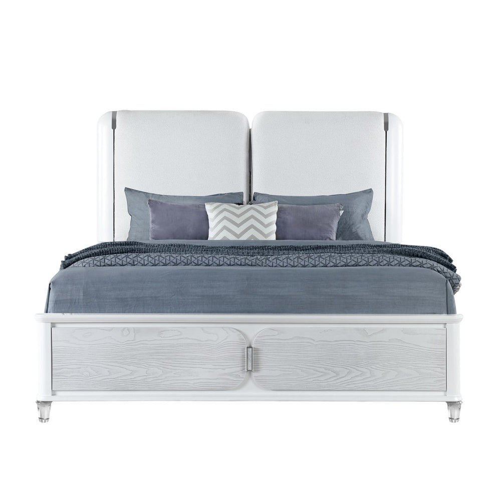 HomeRoots Gray Lighted Queen Bed Frame with White Upholstery - Modern Design, Durable Comfort & Ambient Glow 634338