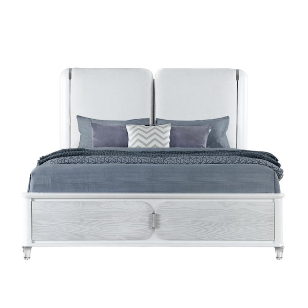 HomeRoots Gray Lighted Queen Bed Frame with White Upholstery - Modern Design, Durable Comfort & Ambient Glow 634338