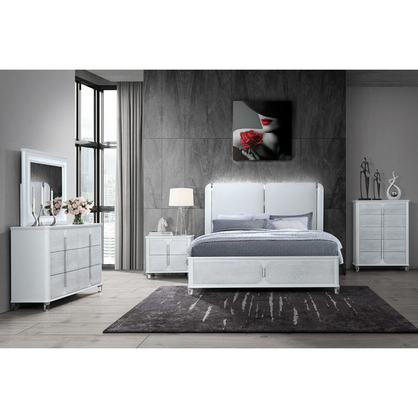 HomeRoots Gray Lighted Queen Bed Frame with White Upholstery - Modern Design, Durable Comfort & Ambient Glow 634338