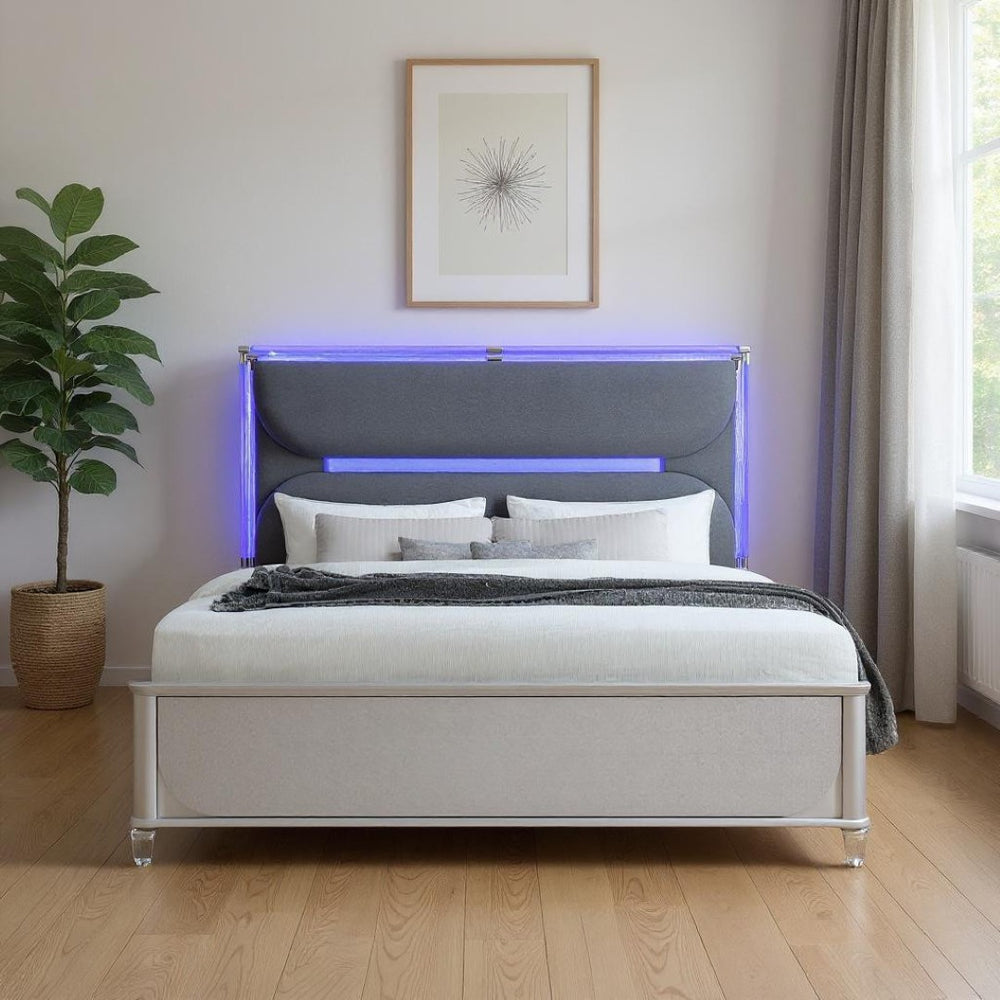 HomeRoots Silver Upholstered King Bed Frame with Integrated Lighting - Modern Gray Wood Design & Comfort 634339