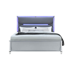 HomeRoots Silver Upholstered King Bed Frame with Integrated Lighting - Modern Gray Wood Design & Comfort 634339