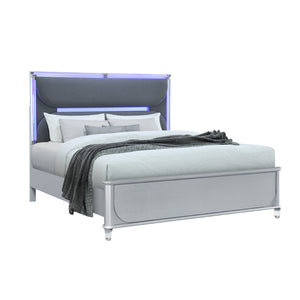 HomeRoots Silver Upholstered King Bed Frame with Integrated Lighting - Modern Gray Wood Design & Comfort 634339
